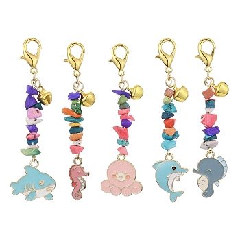 Marine Animal Alloy Enamel & Iron Bell Pendant Decorations, Synthetic Turquoise Chips and Zinc Alloy Lobster Claw Clasps Charms, Mixed Shapes, 70~73mm