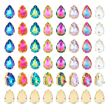 80Pcs 8 Colors Teardrop Sew on Rhinestone, Multi-strand Links, Faceted Glass Rhinestone, with Golden Plated 201 Stainless Steel Prong Settings, Garments Accessories, Mixed Color, 14x10x6mm, Hole: 1mm, 10pcs/color