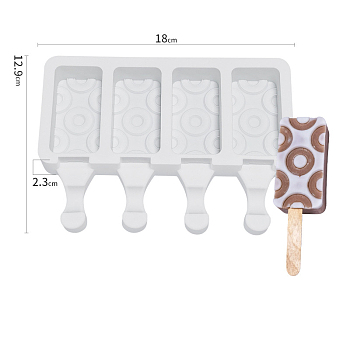 Silicone Ice-cream Stick Molds, with 4 Styles Rectangle with Donut Pattern-shaped Cavities, Reusable Ice Pop Molds Maker, White, 129x180x23mm, Capacity: 49ml(1.66fl. oz)