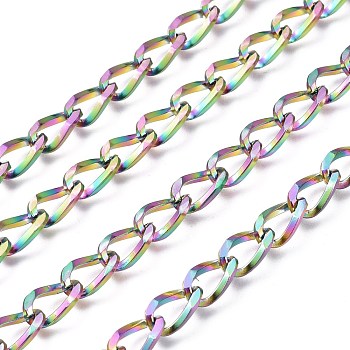 Ion Plating(IP) 304 Stainless Steel Twisted Chains, Curb Chains, Unwelded, with Spool, Rainbow Color, 10.8x5.7x2.5mm, about 32.8 Feet(10m)/roll