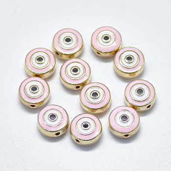 Alloy Enamel Beads, Flat Round with Eye, Light Gold, Pink, 10x5mm, Hole: 1.2mm