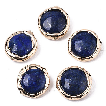 Natural Lapis Lazuli Beads, with Light Gold Plated Polymer Clay Edge, Flat Round, 17~19x17~18x5~7mm, Hole: 1.2mm