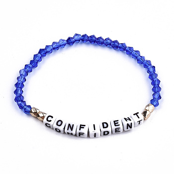 Faceted Bicone Glass Beads Stretch Bracelets, Inspirational Bracelets, with Cube Acrylic Letter Beads, Word Confident, Blue, Inner Diameter: 2-1/8 inch(5.3cm)