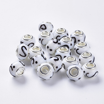 Handmade Lampwork European Beads, Large Hole Beads, with Silver Color Plated Brass Double Cores, Rondelle, White, 14x11mm, Hole: 5mm