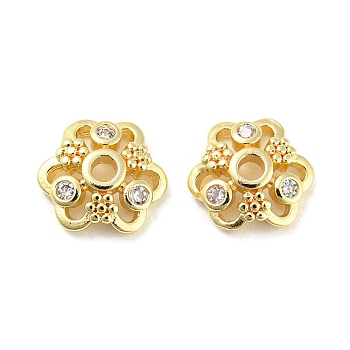 Brass Micro Pave Cubic Zirconia Bead Cap, 6-Petal, Long-Lasting Plated, Lead Free & Cadmium Free, Golden, 8x8x2.5mm, Hole: 1.5mm