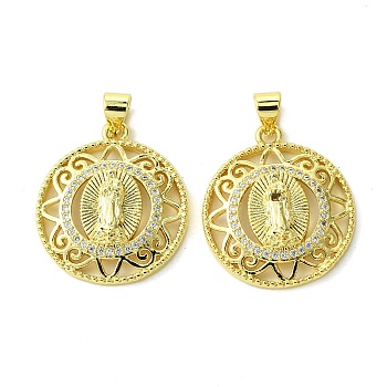 Eco-Friendly Brass Micro Pave Cubic Zirconia Pendants, Long-Lasting Plated, Real 18K Gold Plated, Cadmium Free & Lead Free, Flat Round with Human, Clear, 22.5x20x4.5mm, Hole: 5x3mm