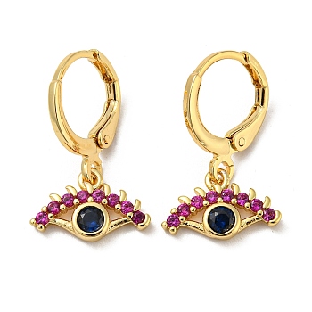 Real 18K Gold Plated Brass Dangle Leverback Earrings, with Glass, Evil Eye, Dark Violet, 21.5x13mm