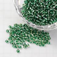 12/0 Transparent Silver Lined Glass Beads, Round Seed Beads, Green, 1.5~2x2mm, Hole: 0.5mm, about 22500pcs/450g(SEED-M008-A01)