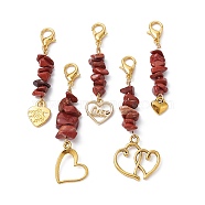 Valentine's Day Natural Red Jasper Chip Pendant Decorations, with Heart Alloy Pendant and Lobster Claw Clasps, 46~57.5mm(HJEW-JM01330)