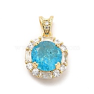 Brass Micro Pave Clear Cubic Zirconia Pendants, with Faceted Glass, Flat Round, Real 18K Gold Plated, Deep Sky Blue, 16.5x14x7mm, Hole: 5x2.5mm(KK-I695-008A)