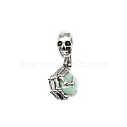 Halloween Skull Natural Green Aventurine Alloy Pendants, Skeleton Hand Charms with Gems Sphere Ball, Antique Silver, 43x19mm(G-PW0004-68F)