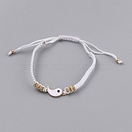 Adjustable Nylon Cord Braided Bead Bracelets, with Alloy Enamel Gossip/Yin Yang Links and Alloy Rhinestone Spacer Beads, White, Golden, Inner Diameter: 1-3/4~3-1/8 inch(4.5~8cm)(EJEW-H118-02G)