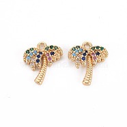 Brass Micro Pave Colorful Cubic Zirconia Charms, Nickel Free, Coconut Tree, Real 18K Gold Plated, 12x10.5x2.5mm, Hole: 1.4mm(KK-S356-469-NF)