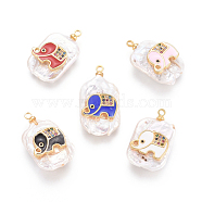 Natural Cultured Freshwater Pearl Pendants, with Enamel, Cubic Zirconia and Light Gold Plated Brass Findings, Elephant, Mixed Color, 22~23x13.5x7.2~8mm, Hole: 1.6mm(PEAR-E300-03KCG)