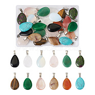24pcs 12 Styles Natural & Synthetic Gemstone Pendants, with Platinum Tone Brass Findings, Teardrop, 25~29x16~17x5~6mm, Hole: 2x7mm, 2pcs/style(G-FW0001-33)