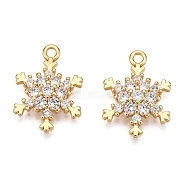 Christmas Theme Brass Micro Pave Clear Cubic Zirconia Pendants, Snowflake, Real 18K Gold Plated, 15x11x3.5mm, Hole: 1mm(KK-T073-10G)