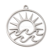 201 Stainless Steel Pendants, Flat Round with Sun, Stainless Steel Color, 27.5x25x1mm, Hole: 1.8mm(STAS-B049-07P)