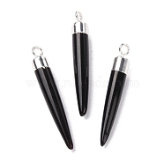 Natural Black Onyx Brass Pendants, Cadmium Free & Lead Free, Dyed & Heated, Bullet Shaped, Silver Color Plated, 33~37x4~5mm, Hole: 2mm(G-B025-02P-08)