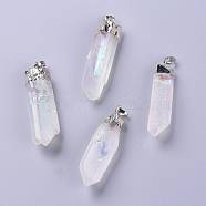 Angel Aura Quartz, Prism Natural Quartz Crystal Big Pendants, AB Color Plated, with Platinum Plated Top and Brass Bails, 55.5~60x12~17x12~17mm, Hole: 8x5mm(G-H233-02)