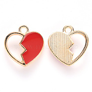 Alloy Enamel Charms, Broken Heart Shape, Light Gold, Red, 15x14x3mm, Hole: 1.6mm(ENAM-S121-044)