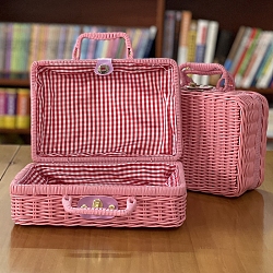 Plastic Imitation Rattan Storage Box, with Handle, Rectangle, Hot Pink, 22x11x17cm(PW-WG73543-05)