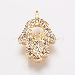 Brass Cubic Zirconia Charms, Hamsa Hand/Hand of Fatima/Hand of Miriam, Golden, 12.5x8.5x2mm, Hole: 1mm(KK-P134-29G)