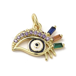 Brass Micro Pave Cubic Zirconia Pendants, with Glass and Enamel, with Jump Ring, Real 18K Gold Plated, Eye, Colorful, 12.5x16.5x2.5mm, Hole: 3mm(KK-E092-11G-02)