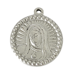 304 Stainless Steel Pendants, Religion, Flat Round with Virgin Mary, Antique Silver, 24x20x3mm, Hole: 2mm(STAS-E474-42)