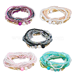 FIBLOOM 5 Set 5 Color Glass & Seed Beaded Stretch Bracelets Set, Mixed Color, Inner Diameter: 2-1/8~2-1/4 inch(5.4~5.7cm), 10Pcs/set, 1 Set/color(BJEW-FI0001-28)