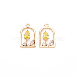 Brass Micro Pave Cubic Zirconia Pendants, Real 18K Gold Plated, Nickel Free, Arch with Flower, Gold, 18x11x3mm, Hole: 1.6mm(KK-N232-304C)