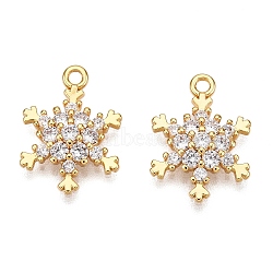 Christmas Theme Brass Micro Pave Clear Cubic Zirconia Pendants, Snowflake, Real 18K Gold Plated, 15x11x3.5mm, Hole: 1mm(KK-T073-10G)