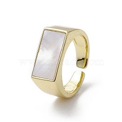 Rack Plating Brass Open Cuff Ring, Natural Shell Rectangle Signet Ring, Real 18K Gold Plated, Inner Diameter: 18.2mm(RJEW-K257-47G)