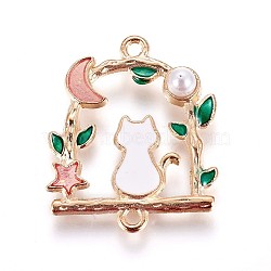 Zinc Alloy Kitten Links connectors, with Enamel and Acrylic Pearl, Cat & Moon & Star, Light Gold, Salmon, 27.5x23x5mm, Hole: 1.5mm(ENAM-P164-03B)