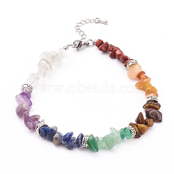 Chakra Chips Natural Gemstone Beaded Anklets, with Alloy Beads, Antique Silver & Platinum, 9-1/8 inch(23cm)(AJEW-AN00390)