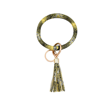 Snakeskin Pattern PU Imitaition Leather Bangle Keychains, Wristlet Keychain with Tassel & Alloy Ring, Champagne Yellow, 200x100mm