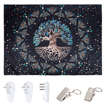Polyester Decorative Wall Tapestry, with Plastic Non-Trace Wall Picture Hooks and Iron Curtain Clips, for Home Decoration, Rectangle with Tree of Life, Black, 925x725x0.5mm