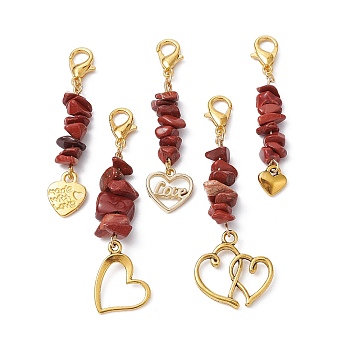 Valentine's Day Natural Red Jasper Chip Pendant Decorations, with Heart Alloy Pendant and Lobster Claw Clasps, 46~57.5mm