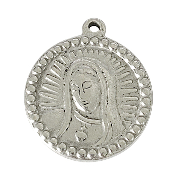304 Stainless Steel Pendants, Religion, Flat Round with Virgin Mary, Antique Silver, 24x20x3mm, Hole: 2mm