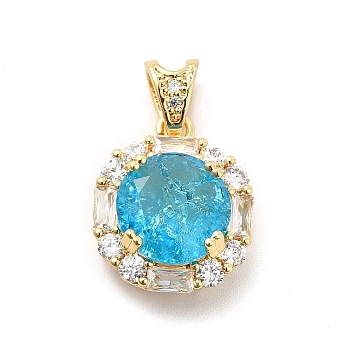 Brass Micro Pave Clear Cubic Zirconia Pendants, with Faceted Glass, Flat Round, Real 18K Gold Plated, Deep Sky Blue, 16.5x14x7mm, Hole: 5x2.5mm