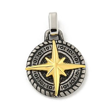 Ion Plating(IP) 304 Stainless Steel Pendants, Flat Round with Star Charm, Antique Silver & Golden, 22x18x4mm, Hole: 3.5x4mm