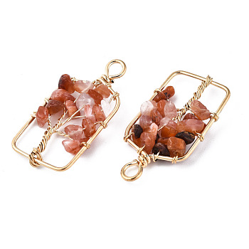 Natural Red Agate Pendants, Golden Tone Brass Wire Wrapped, Tree, Rectangle, 42~43x21.5~22x6.5~7.5mm, Hole: 4mm