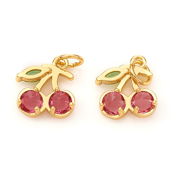 Brass Micro Pave Cubic Zirconia Charms, with Jump Rings, Cherry, Cerise & Green, Real 18K Gold Plated, 10x8x2.5mm, Jump Ring: 4x0.6mm, Hole: 2.5mm