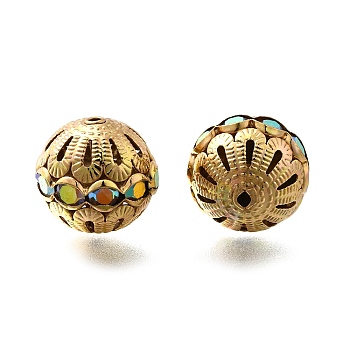 Rhinestone Brass Beads, Lead Free & Cadmium Free, Rack Plating, Round, Golden, 14x15mm, Hole: 1.1mm