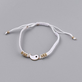 Adjustable Nylon Cord Braided Bead Bracelets, with Alloy Enamel Gossip/Yin Yang Links and Alloy Rhinestone Spacer Beads, White, Golden, Inner Diameter: 1-3/4~3-1/8 inch(4.5~8cm)