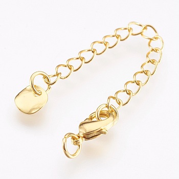 Brass Chain Extender, with Lobster Claw Clasps, Cadmium Free & Nickel Free & Lead Free, Long-Lasting Plated, Flat Round, Real 18K Gold Plated, 68~73x3mm, Hole: 2.5mm, Clasps: 10x6x3mm