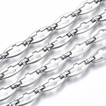 304 Stainless Steel Link Chains, with Spool, Unwelded, Nickel Free, Oval with Hollow Cross, Stainless Steel Color, 13.5x6.5x1.5mm