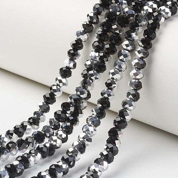 Electroplate Transparent Glass Beads Strands, Half Silver Plated, Faceted, Rondelle, Black, 8x6mm, Hole: 1mm, about 72pcs/strand, 16.14 inch(41cm)