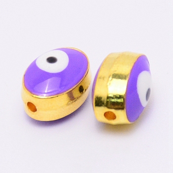 Double-Sided Enamel Alloy Beads, Enamelled Sequins, Lead Free & Cadmium Free, Oval with Evil Eye, Golden, Purple, 10x7.5x6mm, Hole: 1.4mm