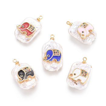 Natural Cultured Freshwater Pearl Pendants, with Enamel, Cubic Zirconia and Light Gold Plated Brass Findings, Elephant, Mixed Color, 22~23x13.5x7.2~8mm, Hole: 1.6mm