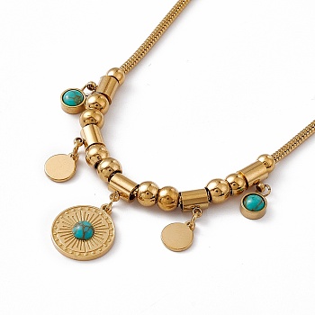 Synthetic Turquoise Pendant Necklace with 304 Stainless Steel Round Snake Chains, Golden, Round Pattern, 15.75 inch(40cm)